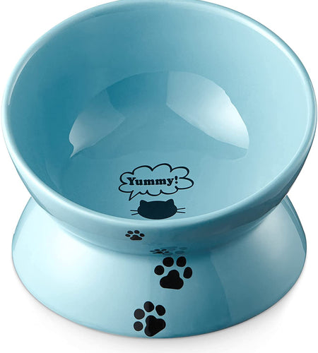 Elevated Cat Food Bowl, Ceramic Raised Bowl, Tilt Angle Protects Cat'S Spine, anti Vomiting Dish, Backflow Prevention, Lake Blue