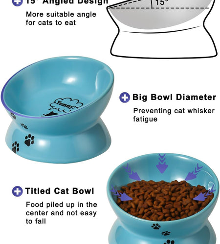 Elevated Cat Food Bowl, Ceramic Raised Bowl, Tilt Angle Protects Cat'S Spine, anti Vomiting Dish, Backflow Prevention, Lake Blue