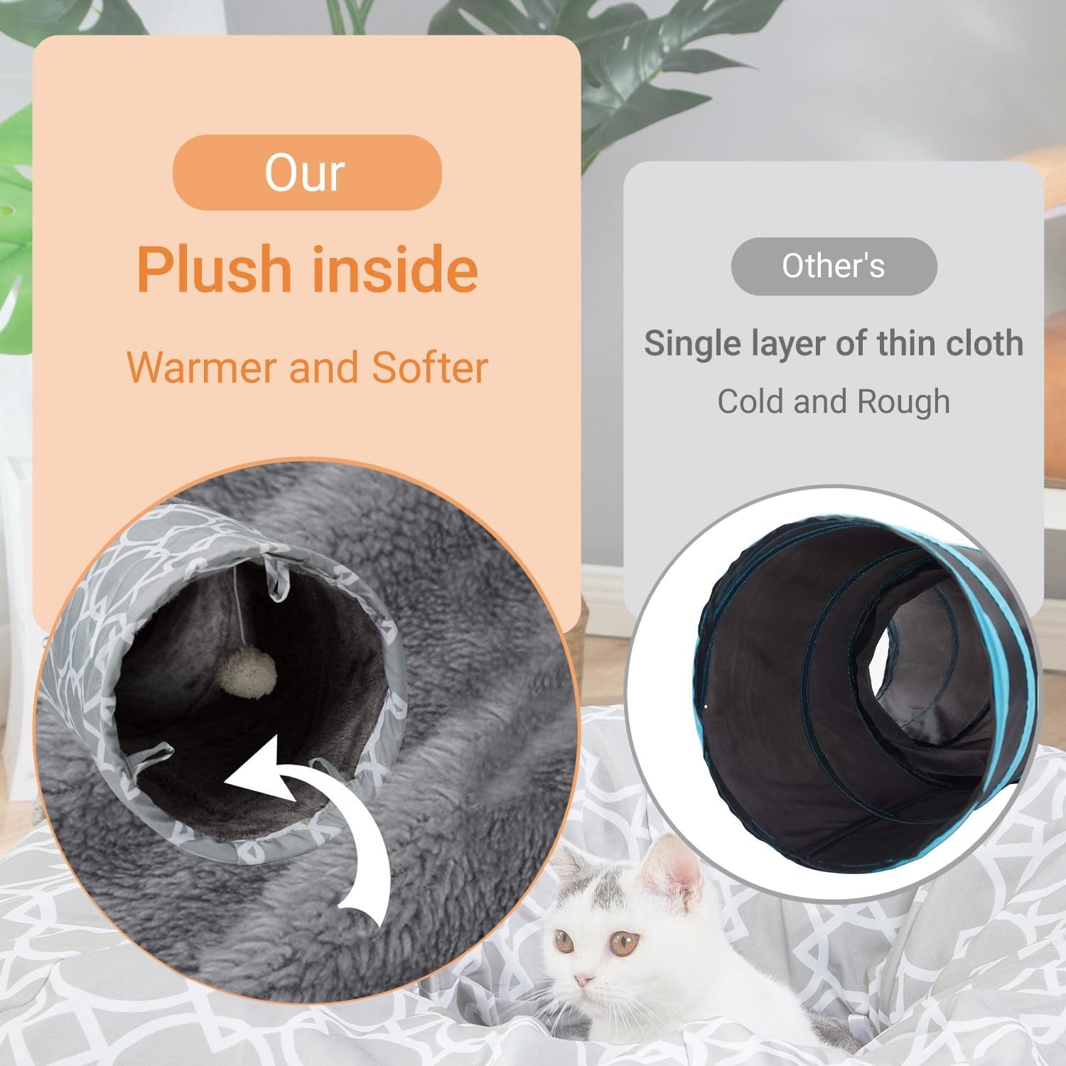 Geometric Straight Cat Tunnel with Plush Inside,Cats Toys Collapsible Tunnel Tube with Balls, for Rabbits, Kittens, Ferrets,Puppy and Dogs, Diameter 9.8 Inch