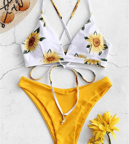 Sunflower Printed Bikini Set Sexy Swimwear Women 2021 Mujer Push up Padded Biquini Bathers Bandage Bathing Suit Swimsuit Bikini