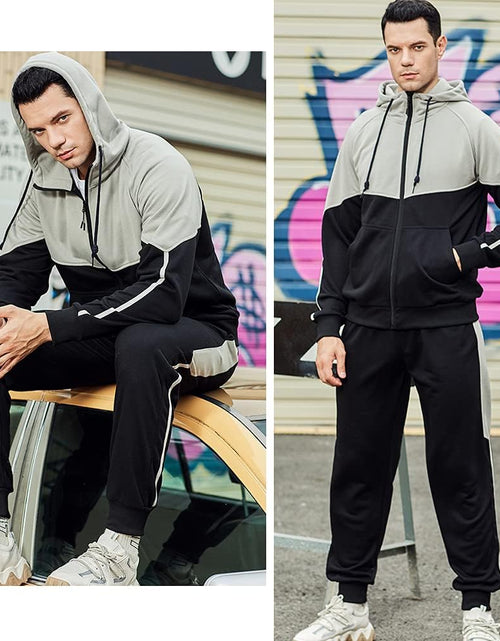 Load image into Gallery viewer, Men'S Hooded Athletic Tracksuit Sweatsuit Long Sleeve Full-Zip Jogging Sweatpants 2 Piece Patchwork Sportsuits
